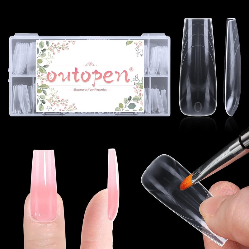 Outopen 150pcs Long Coffin Nail Forms for French Nail Extension, Thicken Clear Coffin Nail Mold for Polygel Acrylic Extension, Full Cover Fake Press On Nail Molds, 15 Sizes - Image 1